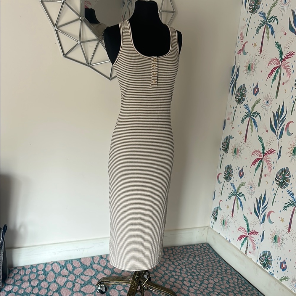 Striped Cream & Black Sleeveless Scoop Neck Sheath Midi Dress